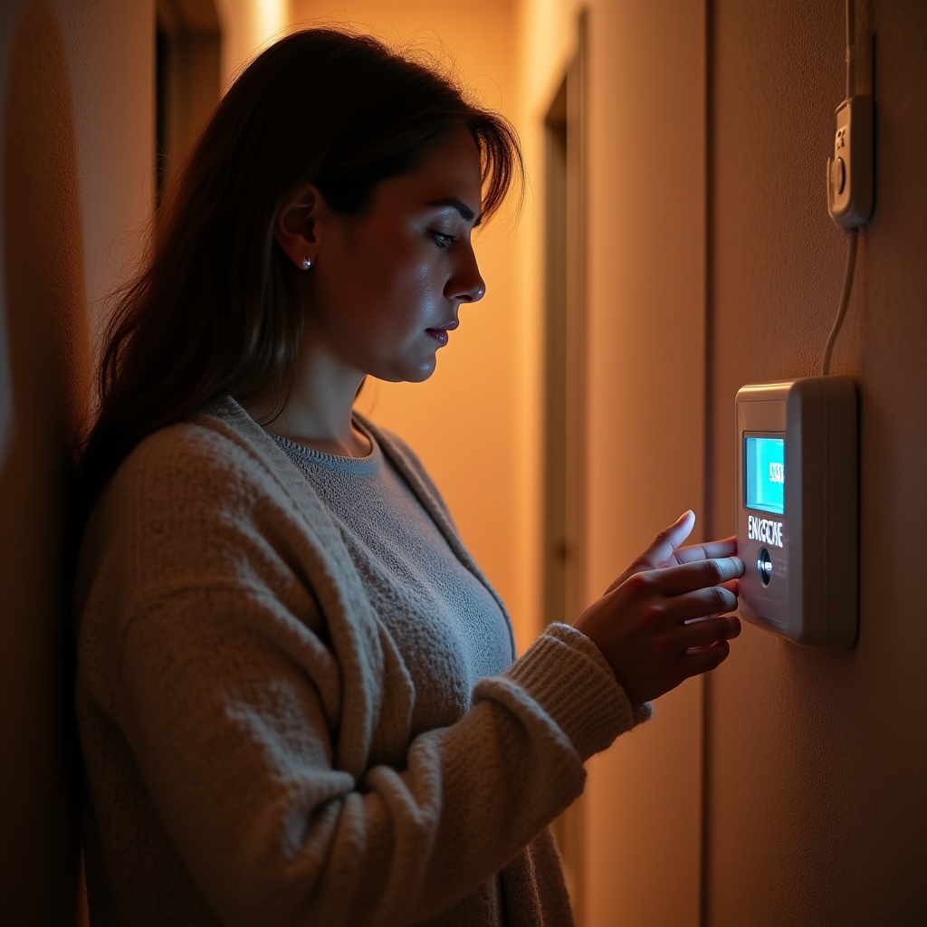 Žena kontroluje spotřebu energie na chytrém displeji v domácnosti